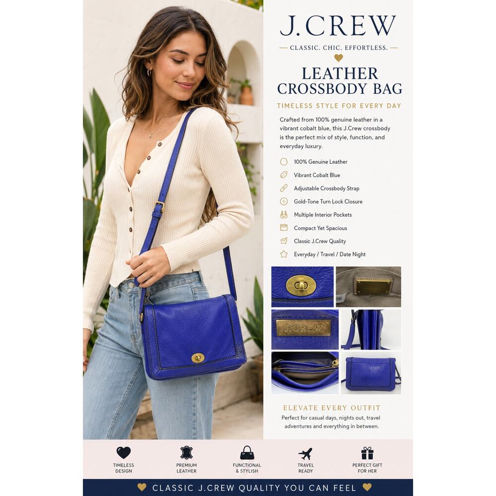 J.Crew Blue Leather Crossbody Bag Turn Lock Flap Shoulder Purse Boho